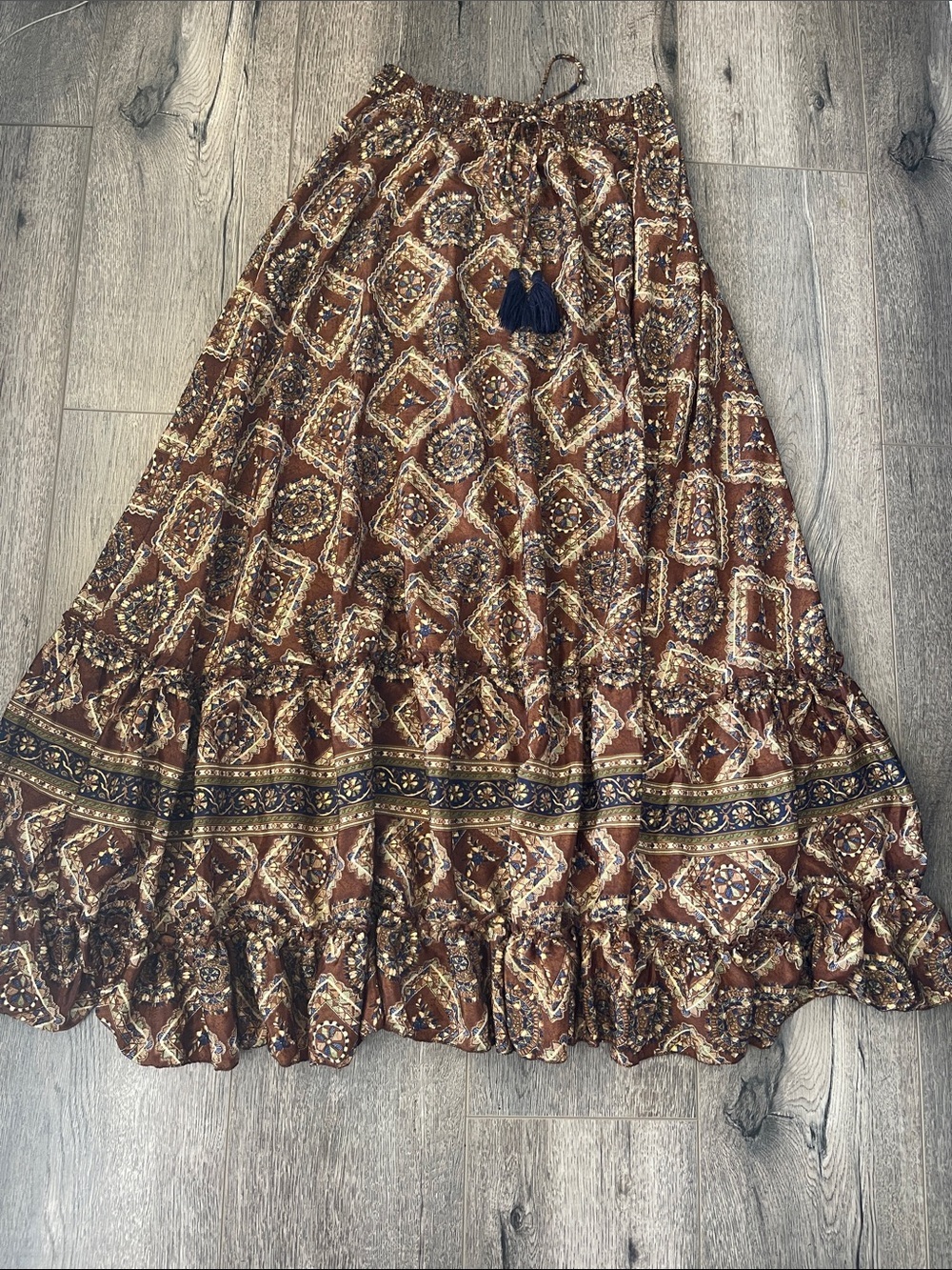 Chelsea & Theodore Brown Boho Printed Maxi Skirt with Tassel